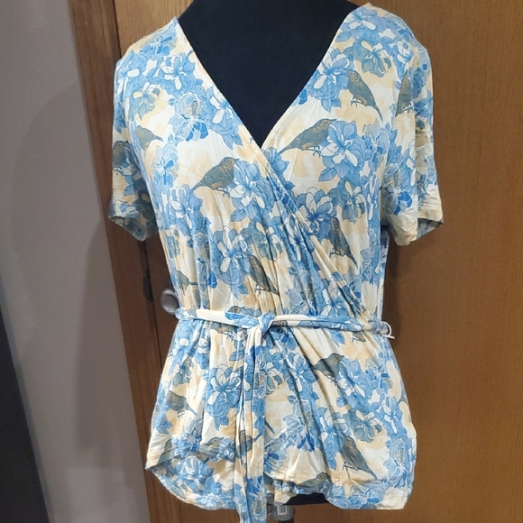 Modcloth Yellow and Blue Faux Wrap Bird Floral Short Sleeve Top - Picture 1 of 9